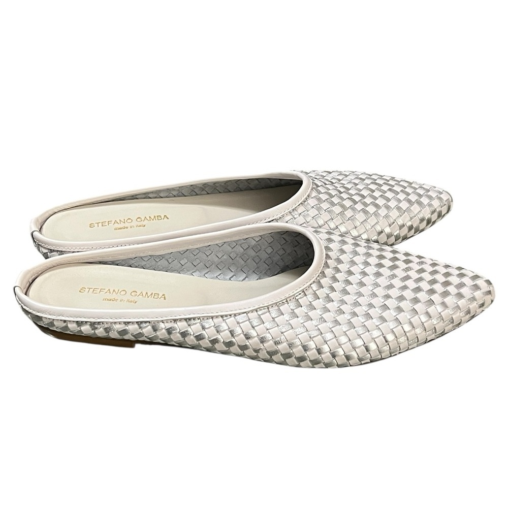Stefano Gamba white and silver woven pointed toe slip on mules Made in Italy